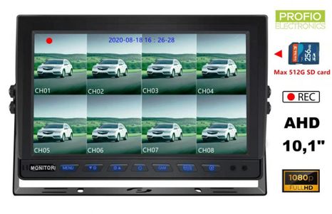 8CH hybrid 10,1" reversing monitor for cars and machines AHD/CVBS recording on SD card up to 512GB